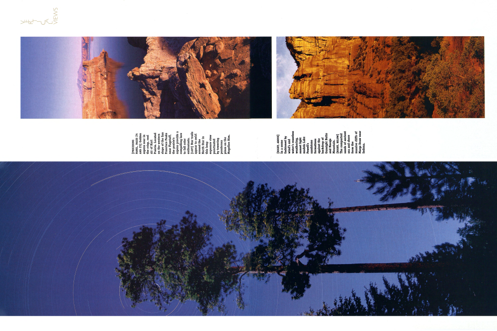 [LEFT] Star trails appear to swirl around the North Star in this long- exposure view punctuated by towering ponderosa pines on the Mogollon Rim.