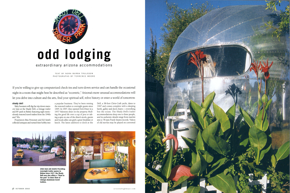 [THIS PAGE AND RIGHT] Providing overnight trailer spaces in Bisbee since 1927, the Shady Dell now also offers a “blast to the past” in their fleet of vintage aluminum travel trailers.