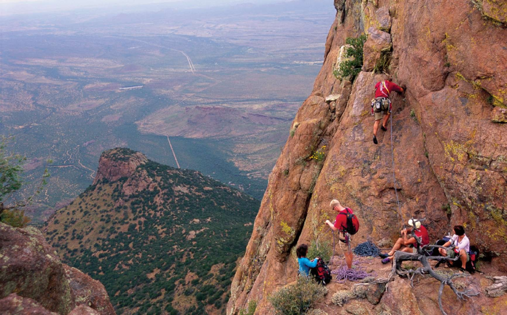 Rock On The October 1 climbing team pauses half-way up Baboquivari Peak, sacred mountain of the Tohono O'odham.