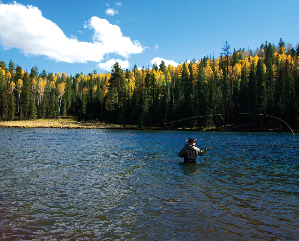 The graceful curve of Stan Cunningham's fishing line glows like an angler's halo as lengthening shadows bring his day of fishing to an end at Christmas Tree Lake on the White Mountain Apache Reservation in east-central Arizona.