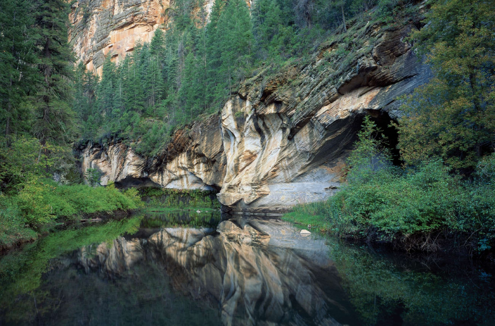 "Because of its proximity to an access route, I crossed this pool many times to reach the canyon beyond. It's a deep pool for this stretch of the canyon, fed by springs seeping through the wall at the far end. The inner walls are unusually low, allowing a glimpse of the pine-covered slope and the towering upper walls. These elements combine for an interesting reflection."