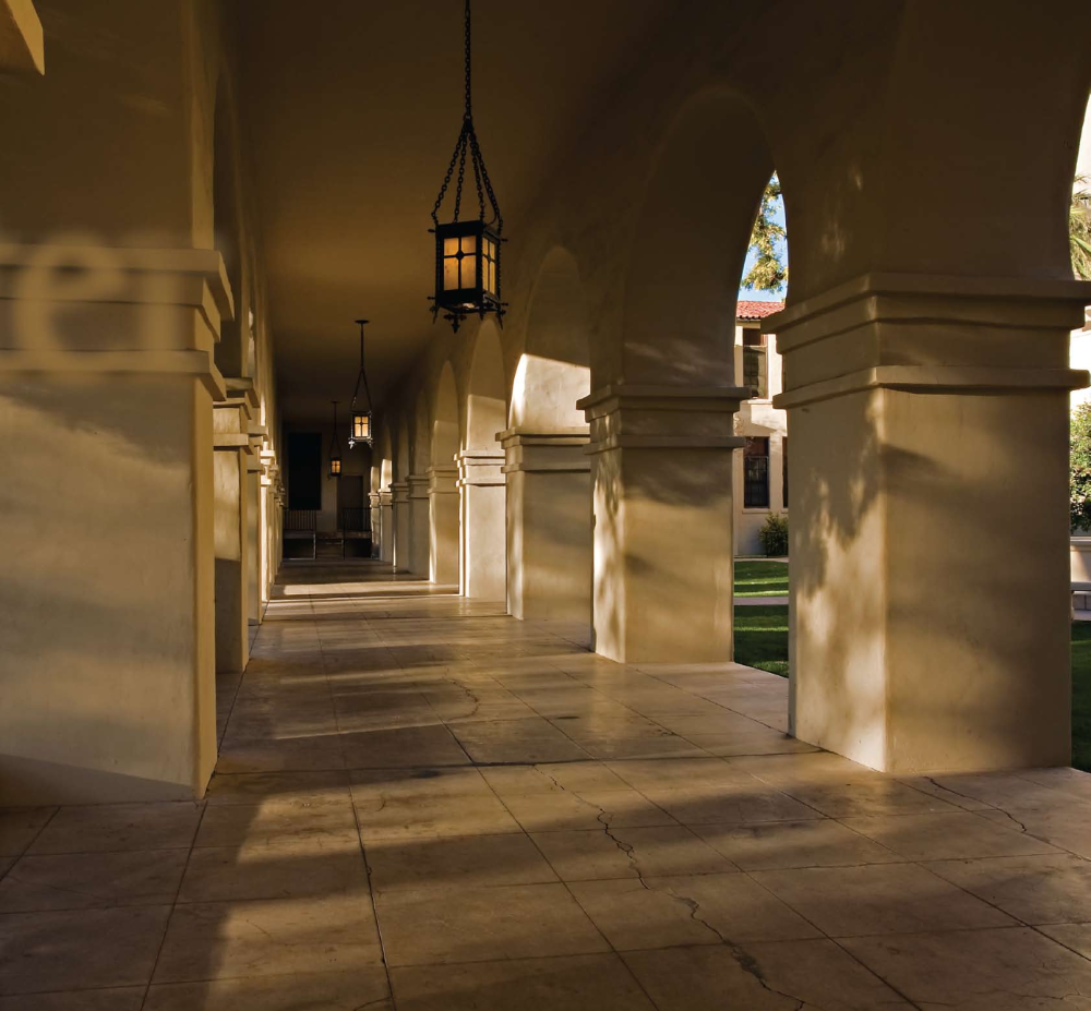 The arched roof of the arcade at Phoenix's Brophy College Preparatory provides shady relief for the school's students and faculty.