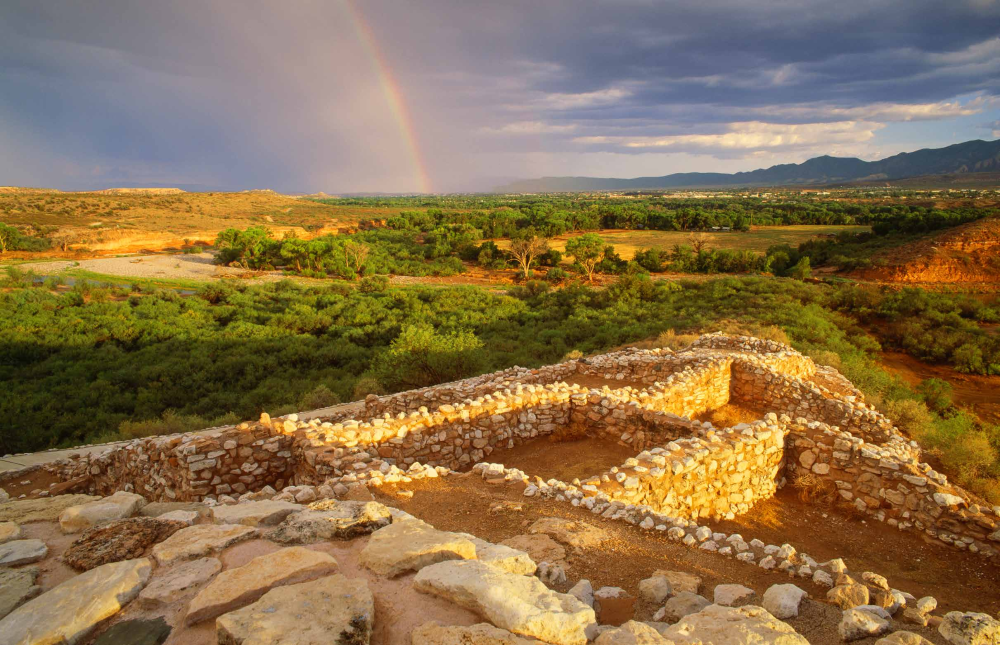 A rainbow forms near Tuzigoot National Monument, home to a Sinaguan pueblo that dates to A.D. 1000.