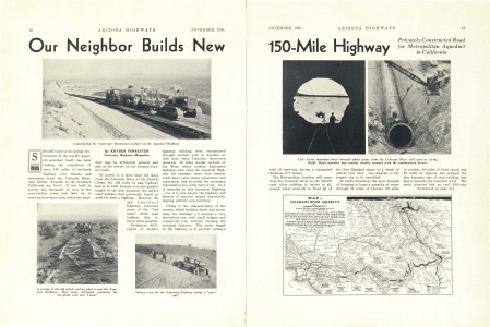 Constructing the "road-mix" bituminous surface on the Aqueduct Highway.
