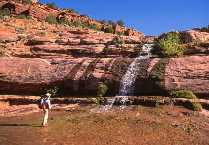 A hiker admires one of the waterfalls along the trail to Keet Seel at Navajo National Monument.
