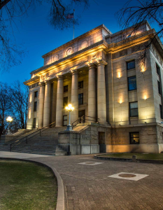The Yavapai County Court- house in downtown Prescott was completed in 1918 and replaced an earlier version built with pink bricks.