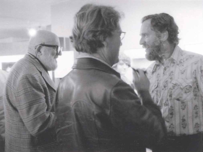 (from left) Ansel Adams, Brett Weston and David Muench talk shop in the early 1980s.