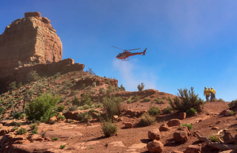 A helicopter departs from the South Kaibab Trail after a successful medevac mission.