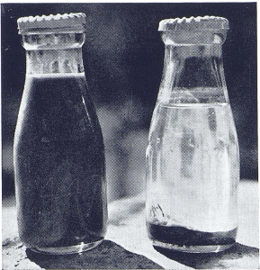 The bottle on the left contains a fresh sample of Colorado River water. On the right is the same water forty-eight hours later. This sample contains 8% sediment. Too thick to drink-not thick enough to plow!