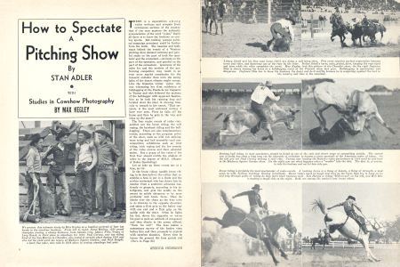 We present this intimate study by Max Kegley as a familiar portrait of four top hands in the cowshow business. From left to right: Burel Mulkey, 1938 grand champion cowboy, a champ buckaroo from Salmon City, Idaho; Fritz Truan of Long Beach, in third place in standings for 1938; Paul Carney, now top riding hand at the San Marcos in Chandler, who ended in seventh place during 1988 and who led the field until his injury at Madison Square Garden; and Nick Knight, a hard fine rider, who rode to fifth place in cowboy standings last year.