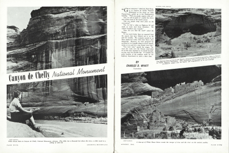 White House Ruin in Canyon de Chelly National Monument, Arizona. The cliffs rise a thousand feet above the river, a white jewel in a setting of solid red.