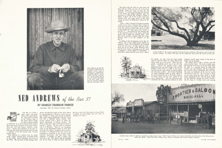 Ned Andrews of the Bar 37 Ranch at Wolf Flat in Yavapai county came to Arizona as cowpuncher. He finally became a successful rancher, operator of a guest ranch, and is now an author and artist is his own right. (Portrait by Norman Rhoads Garrett of Prescott, Ariz.)