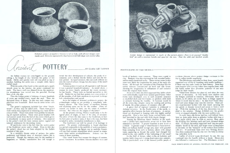 Hohokam pottery of southern Arizona is red on buff, with all-over designs commonly used. Here are represented a bowl of inverted bell shape and ancient ollas.