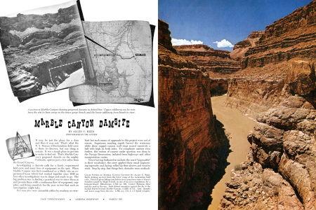 A section of Marble Canyon showing proposed damsite in dotted line. Upper cableway can be seen from the rim to base camp on the inner gorge bench, and the lower cableway from bench to river.