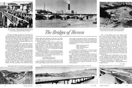 Above photo of London Bridge illustrates the 56 feet out to out width- photo right shows broadside view of four of the five spans of the 1005 ft. structure.