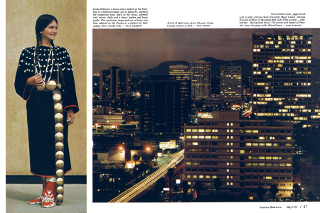 Linda Gillespie, a Sioux and a student at the Institute of American Indian Art in Santa Fe, displays the traditional basic black of the Sioux, adorned with cowrie shells and a heavy leather and brass girdle. This particular shape and use of brass was later adapted by the Navajo as a pattern for their unique silver concha belts.
