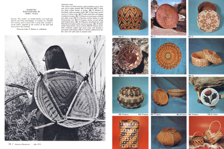 The "kiaha", or burden basket, was made and used by the Pima and Papago. It consists of a lacelike net twining and is used with a tump-line, usually a woven fabric, attached to the corners of the pack and worn across the forehead.