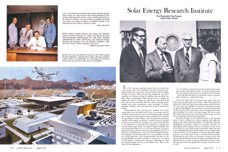 Arizona Governor Raul Castro, seated, and State Senator James Mack, left, with Arizona's Solar Energy Research Commission Chairman Keith Turley, center, and Executive Director Dr. Robert M. Handy. Arizona's political, scientific and industrial leaders are united in efforts to establish Arizona as an International Solar Energy Research Center.