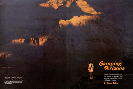 Alone on the Kaibab Trail, North Rim of the Grand Canyon. A day pack lets the camper roam far and wide, returning in the evening to a base camp outfitted simply or with all the luxuries of home.