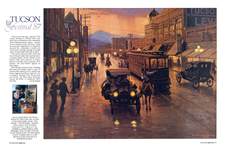 "New Arrivals—The Old Pueblo," by Bryers. The artist depicts Tucson's Congress Street on a late afternoon in the 1920s just as a thunderstorm passes.