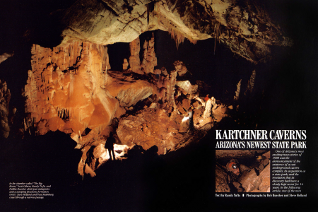 In the chamber called "The Big Room," Scott Gibson, Randy Tufts, and Debbie Buecher climb past stalagmites and a sweeping flowstone formation.