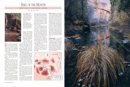 Hikers in the West Fork of Oak Creek Canyon pause to take in the colors and sculpted form of a giant overbang.