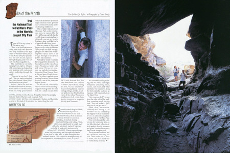(ABOVE) John Bucci inches his way through Fat Man's Pass along the
National Trail in Phoenix' South Mountain Park.
(OPPOSITE PAGE) Liz Elms, carrying daughter Audrey, and Bucci take
a break in the shade of the entrance to a tunnel along the trail.