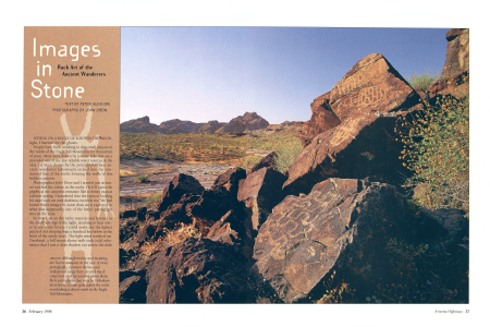 Although motive and meaning are lost to antiquity in the case of most petroglyphs, common themes and widespread usage have created much conjecture and speculation about them. Here petroglyphs that may be Hohokam invocations to rain gods adorn the rocks overlooking a desert wash in the Eagle Tail Mountains.