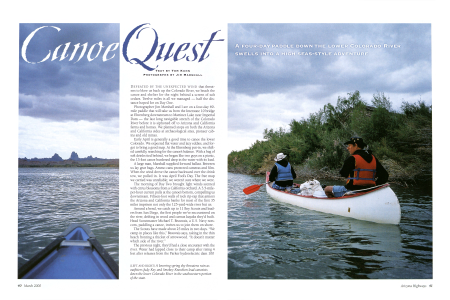 A lowering spring sky threatens rain as outfitters Judy Key and Smokey Knowlton lead canoeists down the lower Colorado River in the southwestern portion of the state.