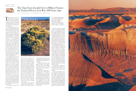 (LEFT) Rabbit brush burgeons near a stark "badlands clay" section of the road from Joseph City to Dilkon.
(RIGHT) Formations radiate as the sun sets on the Painted Desert.