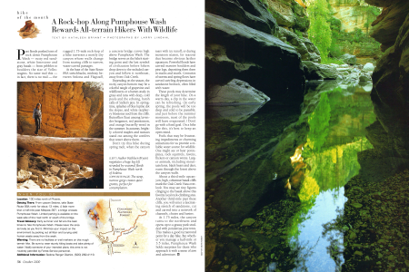 Author Kathleen Bryant negotiates a huge log left stranded by seasonal floods in Pumphouse Wash north of Sedona.