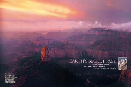 Illuminated by a sunrise, the North Rim's Mount Hayden rises above the depths of Nankoweap Canyon. At Nankoweap, the Chuar Valley begins its rugged descent through the Earth's mysterious geologic past. [INSET] Convoluted spires of the ancient Vishnu group line the Colorado River's edge.