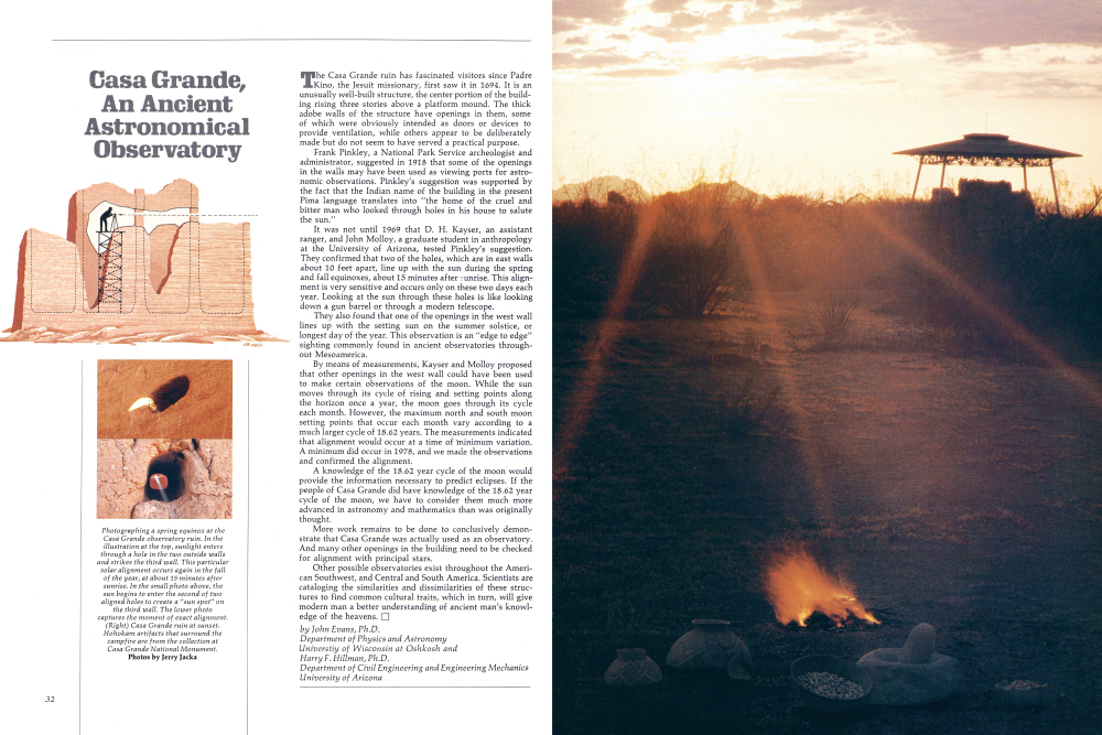 Photographing a spring equinox at the Casa Grande observatory ruin. In the illustration at the top, sunlight enters through a hole in the two outside walls and strikes the third wall. This particular solar alignment occurs again in the fall of the year, at about 15 minutes after sunrise.