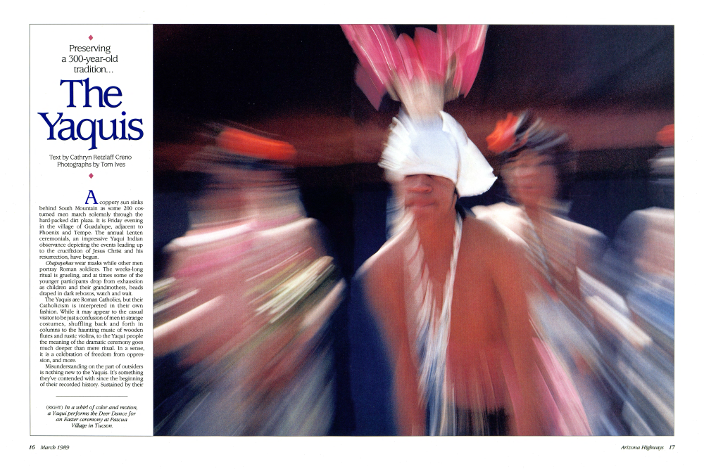 In a whirl of color and motion, a Yaqui performs the Deer Dance for an Easter ceremony at Pascua Village in Tucson.