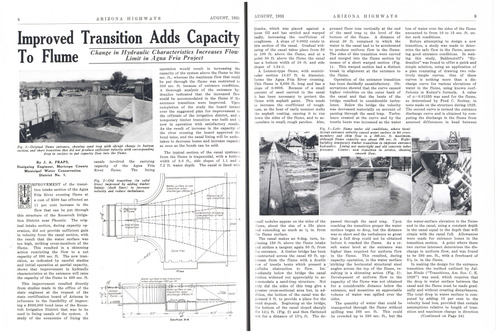 Fig. 1-Original flume entrance, showing sand trap with abrupt change in bottom section, and short transition that did not produce sufficient velocity with corresponding drop in surface to put capacity flow into the flume.
