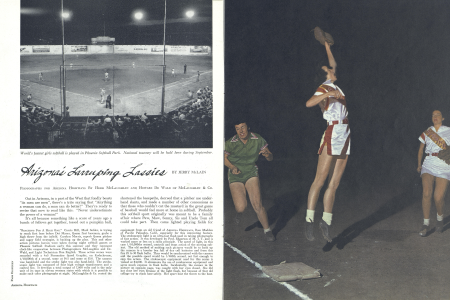 "REACHING FOR A HIGH ONE." Carrie Hill, Maid fielder, is trying to reach first base before Dot Myers, Queen first baseman, grabs a high throw from the infield. Carolyn Morris, superb Queen pitcher and cagey field strategist, is backing up the play.